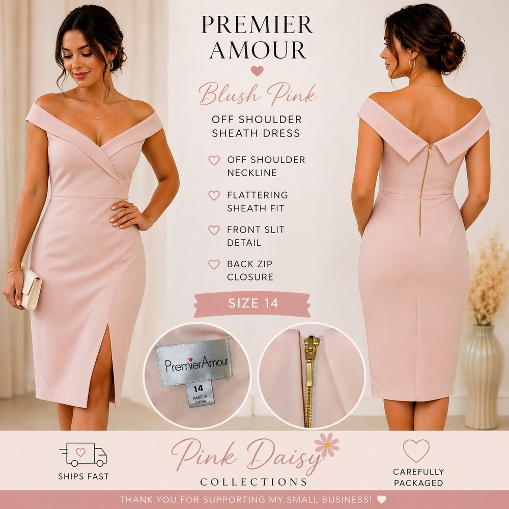 Premier Amour Womens Blush Pink Off Shoulder Sheath Dress Front Slit Size 14